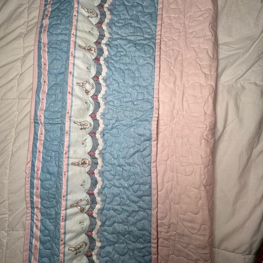 Adorable Pink and Baby Blue Quilted Bunny Trim Baby Blanket